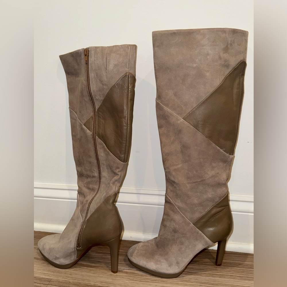 NWT- Antonio Melani women’s heeled boots- suede and leather - taupe
